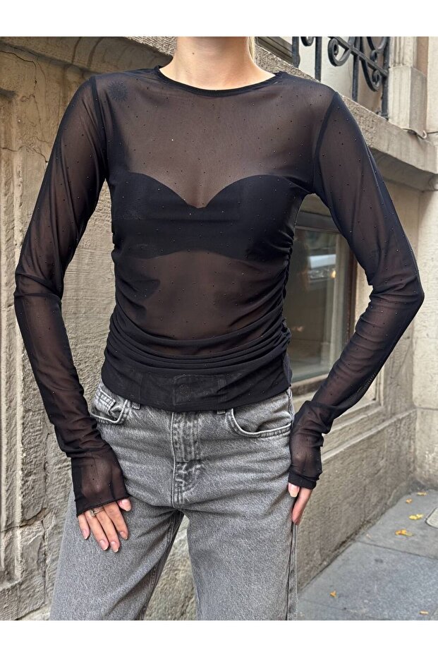 Siyah Şeffaf Tül Bluz - 3