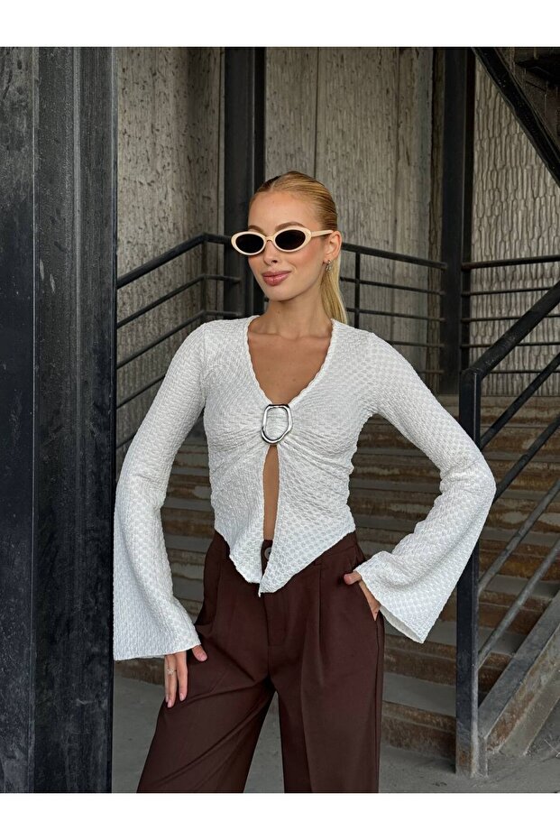 Halkalı Kapamalı Fitilli İspanyol Kol Bluz - 3