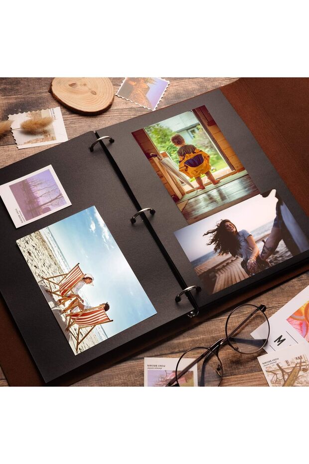 4x6 Photo Album Scrapbook - Leather Cover, 30 Black Kraft Pages (Heart)