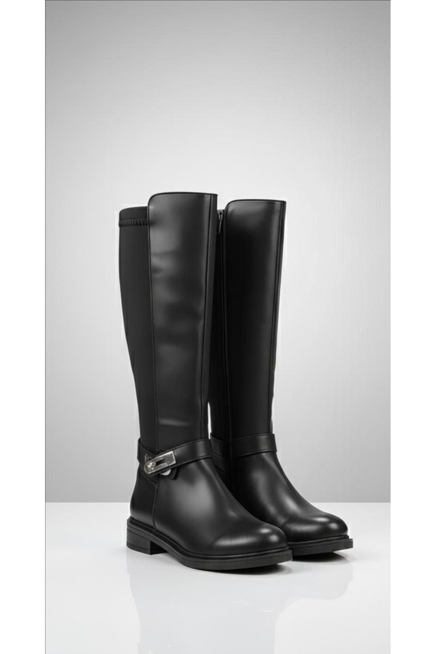 Women's Leather Boots with Flexible Diver Fabric Detailing at the Knee and Zipper Closure