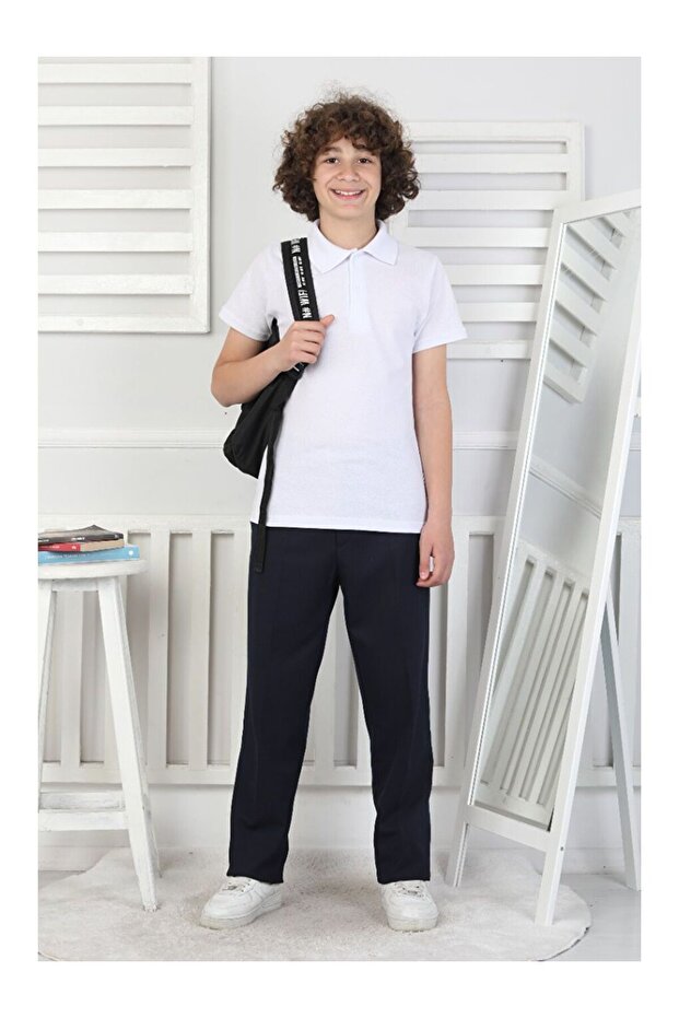Boys' School Trousers with Elastic Waist and Drawstring Elastane 10-15 Years 12271