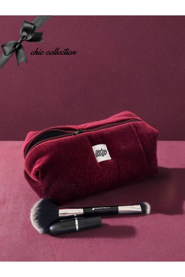 Velvet Burgundy Makeup Bag Large Size Zippered Portfolio Bag Christmas Gift Stylish Evening Bag