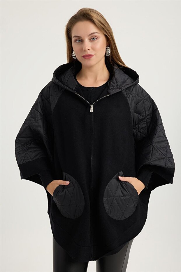 Triko Cepli Kapşonlu Panço - 1