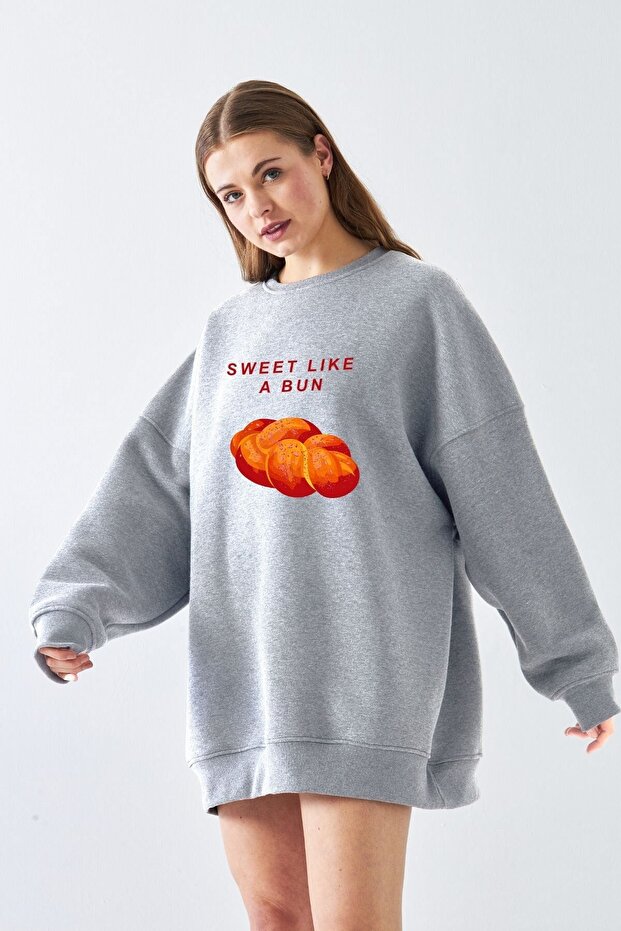 Women's Oversized Sweat Dress Bakery Bun Printed Gray Melange – Crew Neck, 3 Thread Fleece