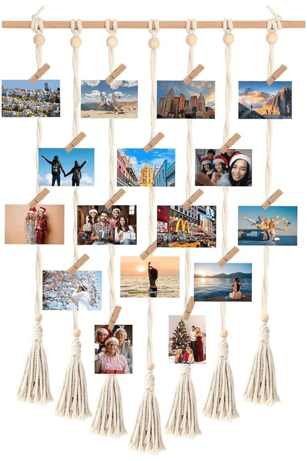 Hanging Photo Display Macrame Wall Hanging with 30 Clips - Boho Photo Display