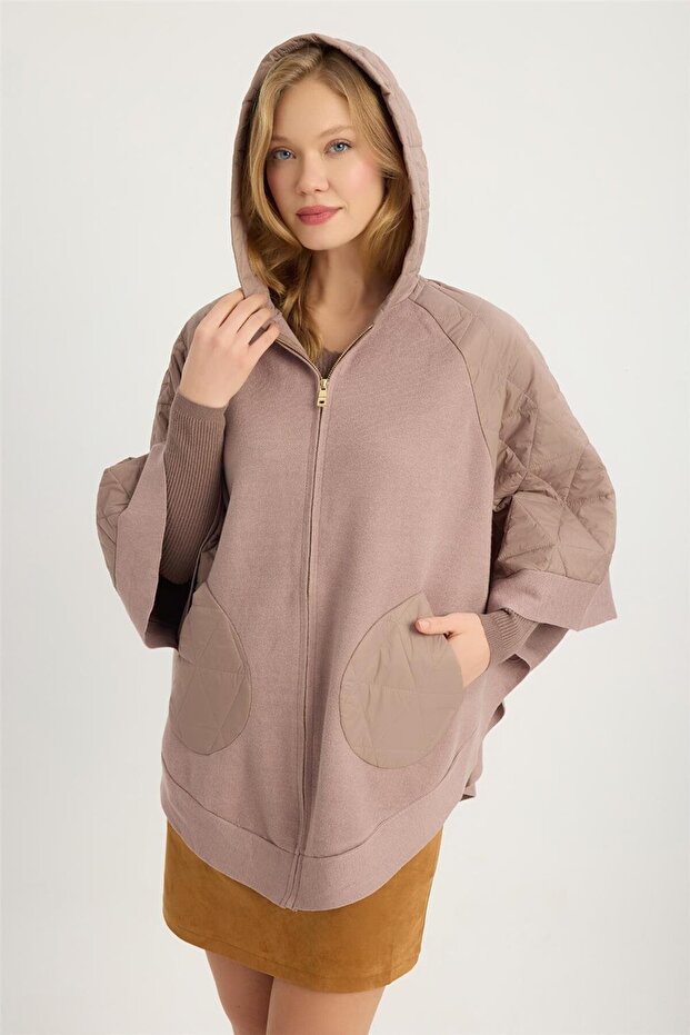 Triko Cepli Kapşonlu Panço - 2