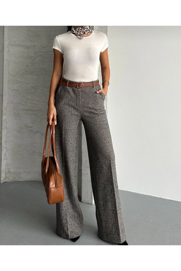 Women's Wide-Leg Brown High-Waist Wide-Leg Office Fabric Trousers
