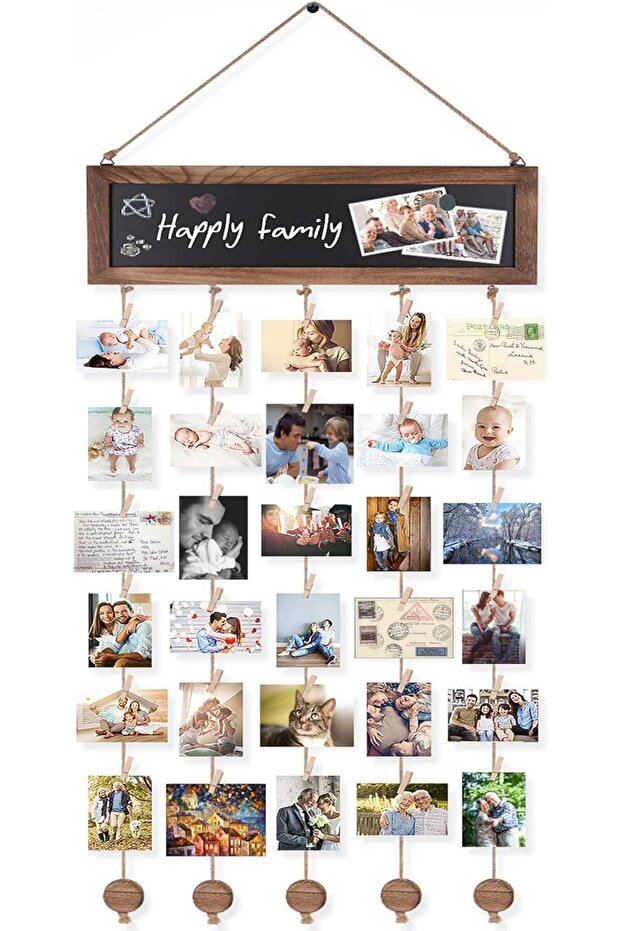 Wood Photo Board with 30 Clips, Hanging Photo Display with Adjustable Twines and Blackboard