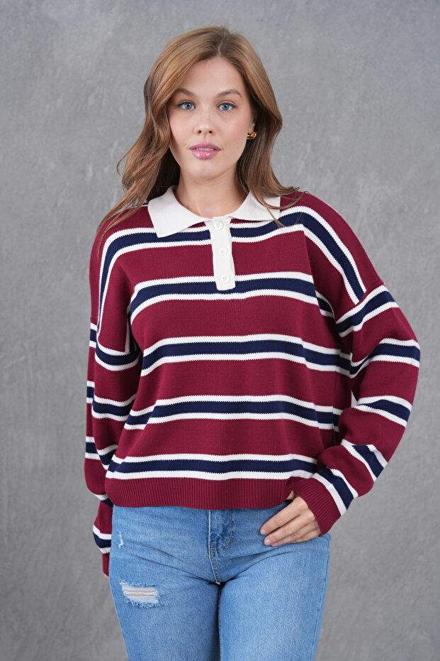 Women's Polo Neck Striped Soft Textured Oversized Knitwear Sweater