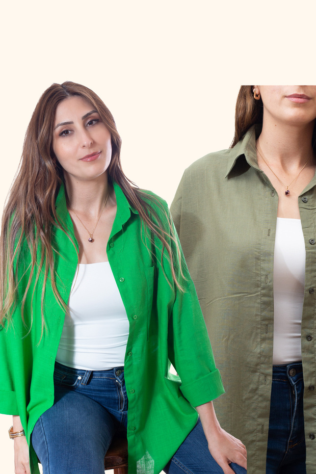 Women's Oversized Cotton Linen Green - Army Green Shirt