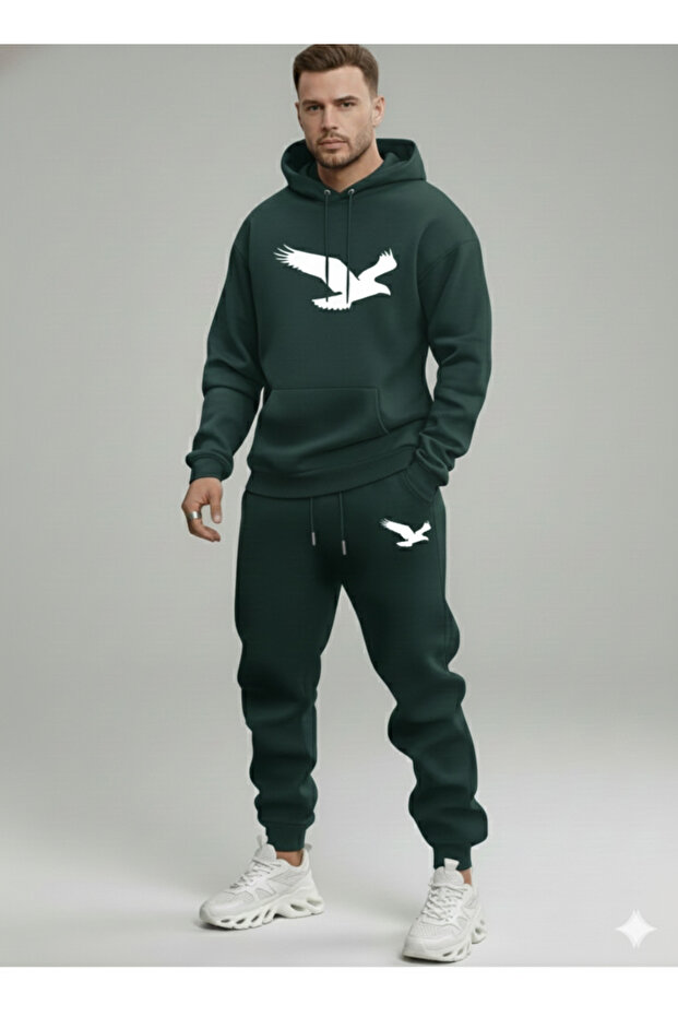 Men's Eagle Printed Hooded Tracksuit Set - Top and Bottom Set