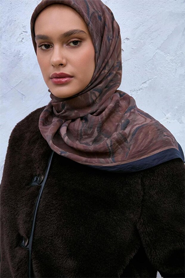 Viscose Velora Blended Scarf Navy Blue-Milky Brown Patterned Non-Slip Textured 90X90