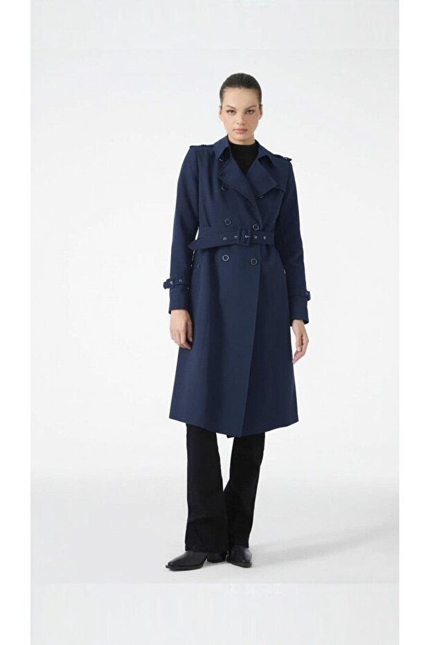 Double-Breasted Long Trench Coat with Collar and Belt