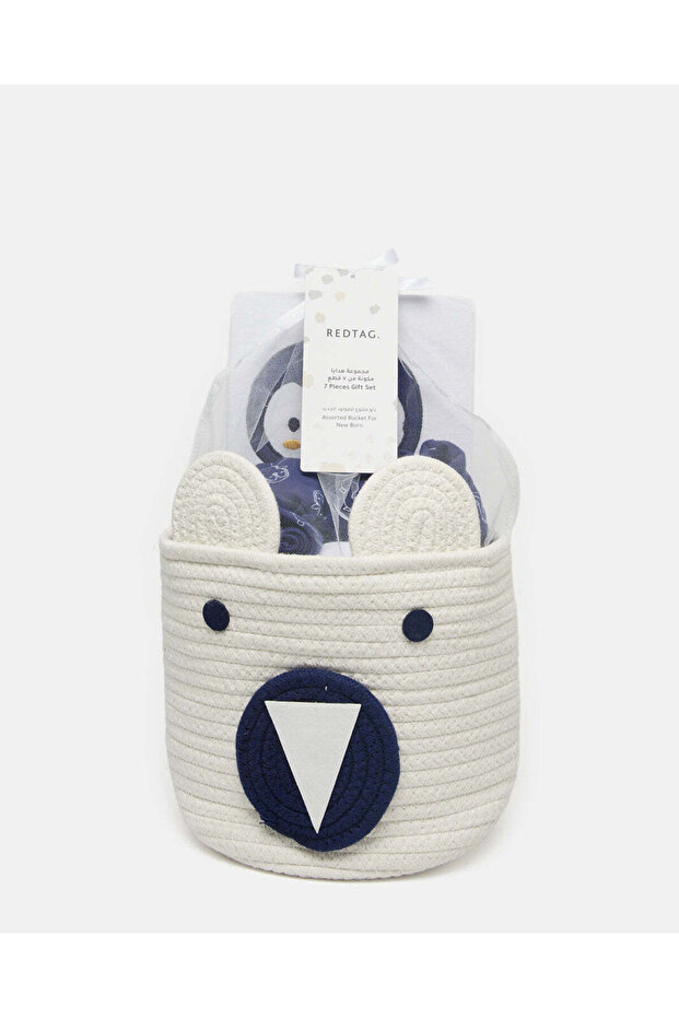 Baby White And Navy Bucket Baby Gift Set (7 Piece)