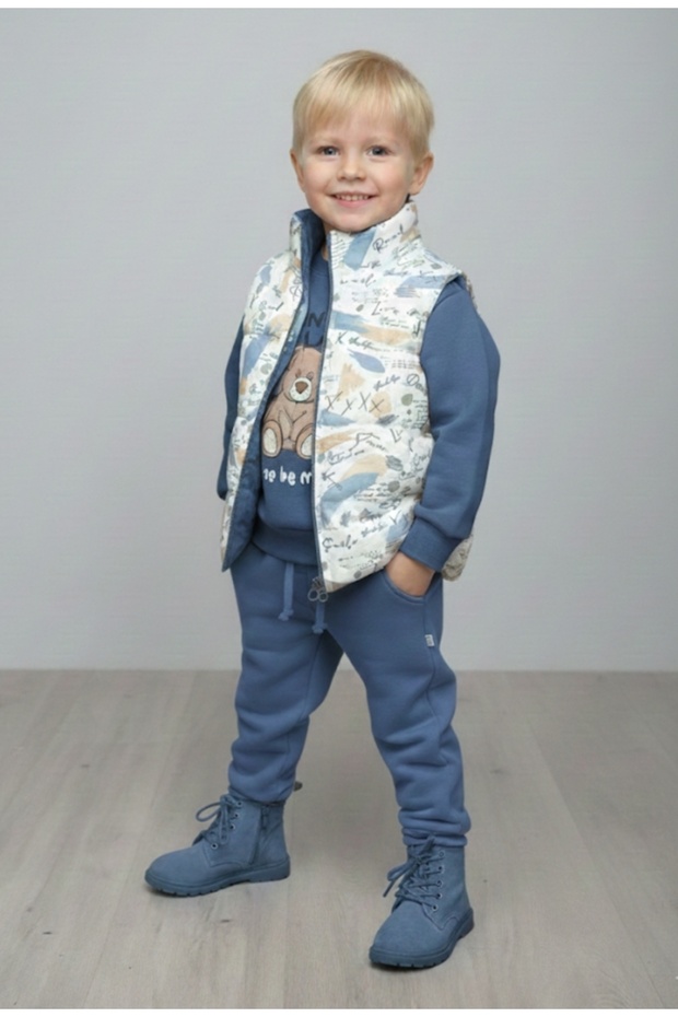 Boy's Zipper Closure Puffer Vest Three-In-One Thick Sweat Bottom Tracksuit Set
