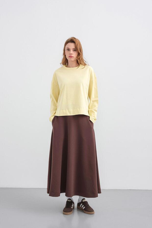 Sarı Kadın Bisiklet Yaka Etek Yırtmaçlı %100 Pamuk Oversize Basic Sweatshirt - 6