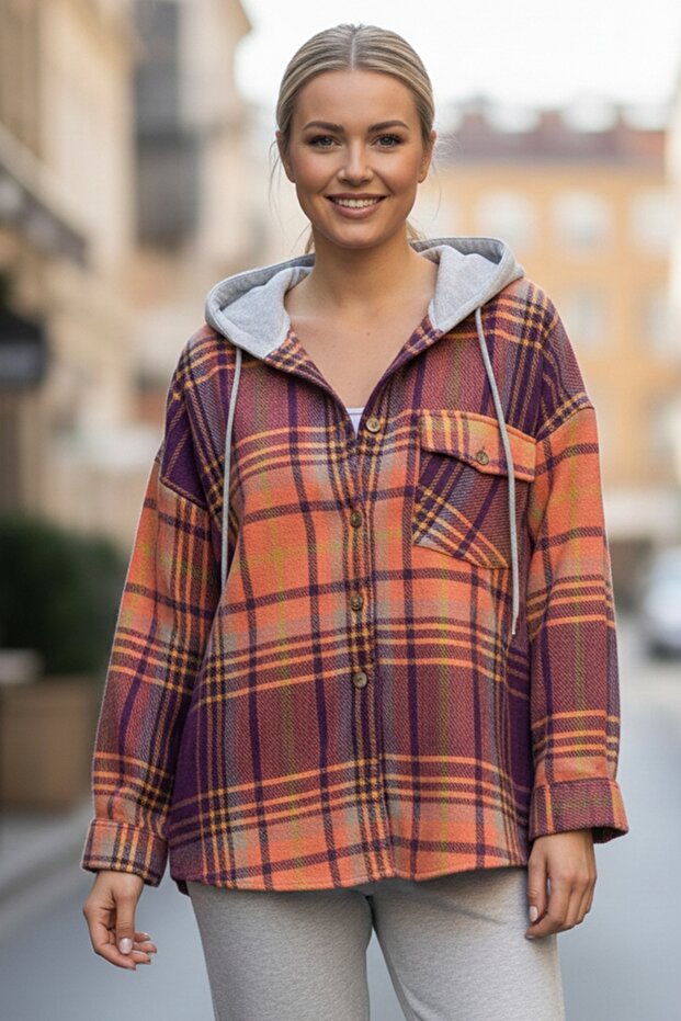 Orange Hooded Long Sleeve Lumberjack Plaid Button Pocket Woven Shirt 68 65