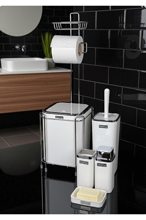 Okyanus Home Beyaz Kare Kromlu Yedekli Wc Kağıtlık ve 6 Parça Banyo Seti