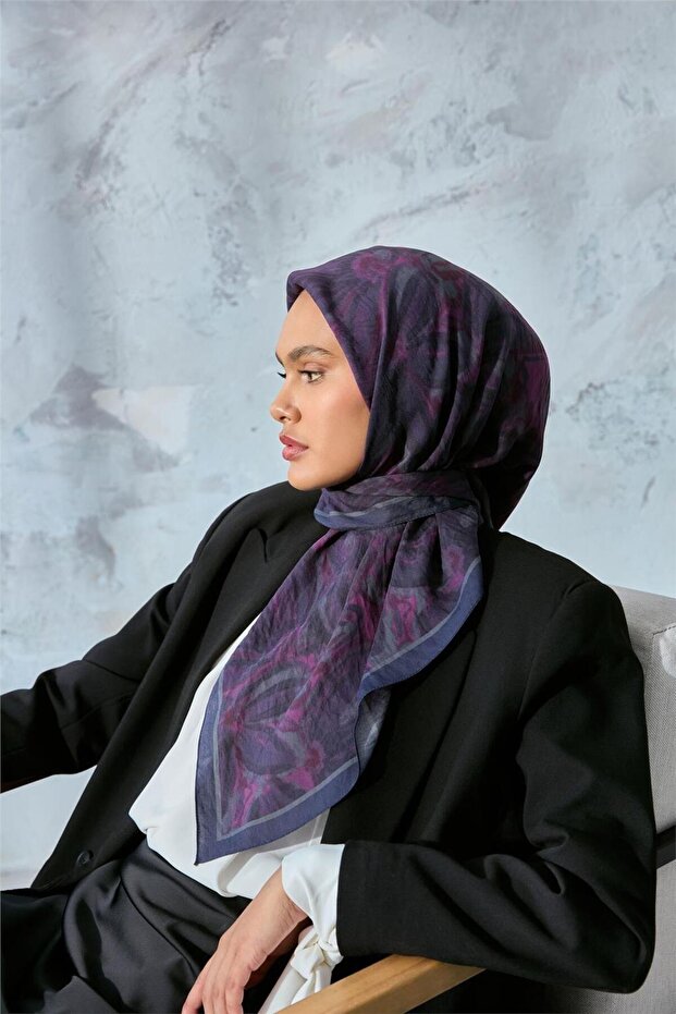 Viscose Velora Scarf Navy Blue-Smoked-Red Patterned Non-Slip Textured Tok Duruşlu 90X90