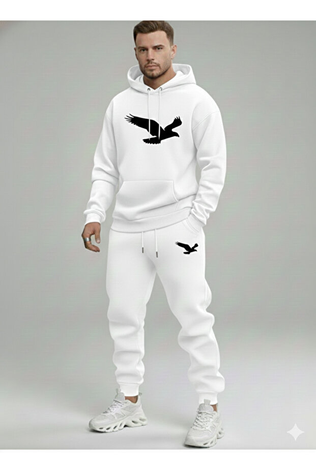 Men's Eagle Printed Hooded Tracksuit Set - Top and Bottom Set