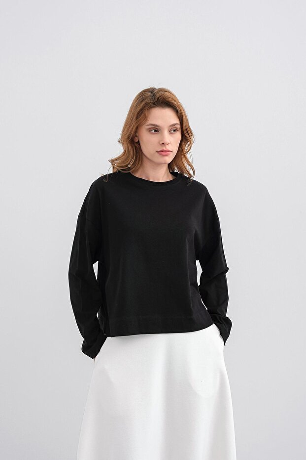 Siyah Kadın Bisiklet Yaka Etek Yırtmaçlı %100 Pamuk Oversize Basic Sweatshirt - 2