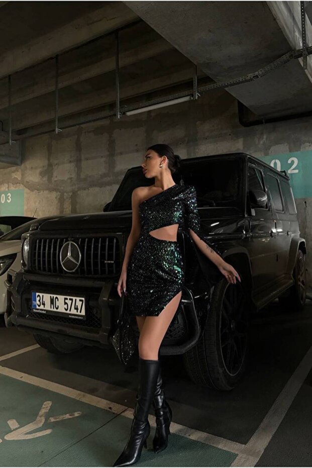 Pullu Buzy Kumaş Tek Kollu Mini Elbise - 3