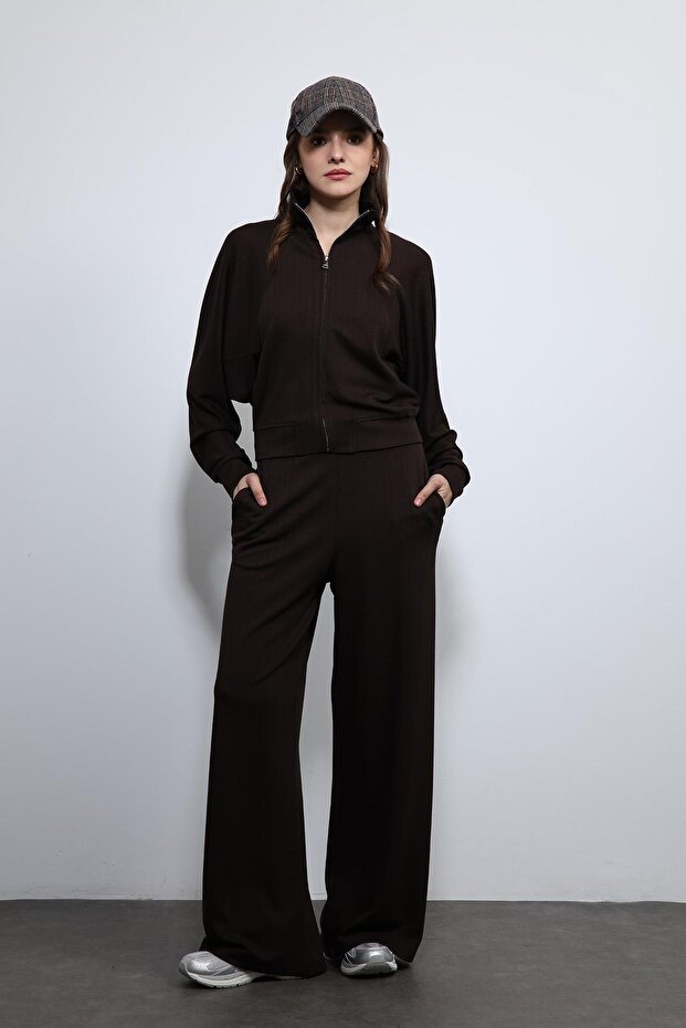 Brown Wide-Leg Striped Tracksuit Set