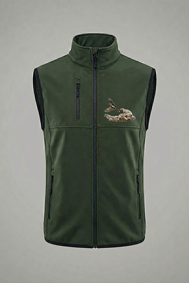 Hunting Fermalı Setter Çulluk Printed Water and Wind Resistant Men's Softshell Outdoor Khaki Vest