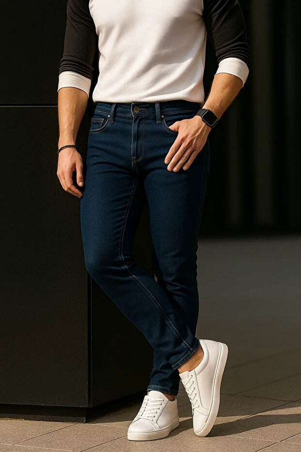 Erkek Pamuklu Basic Lacivert Jeans Pantolon - 5