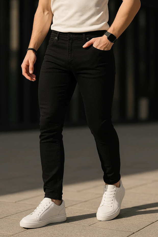 بنطلون جينز أسود أساسي من القطن للرجال - 1