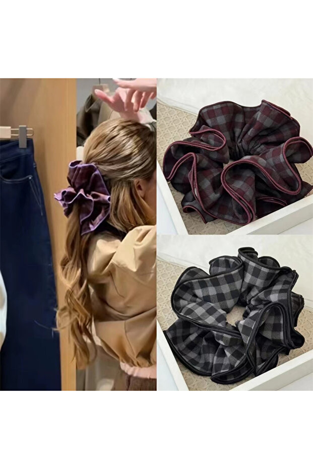 Large ruffled elastic hair tie with burgundy and grey plaid pattern