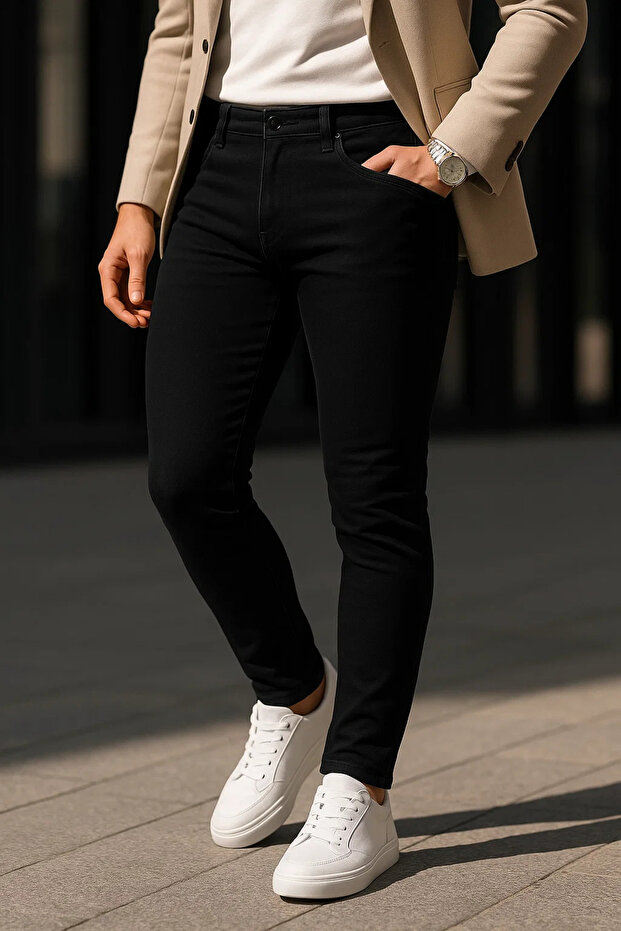 بنطلون جينز أسود أساسي من القطن للرجال - 2