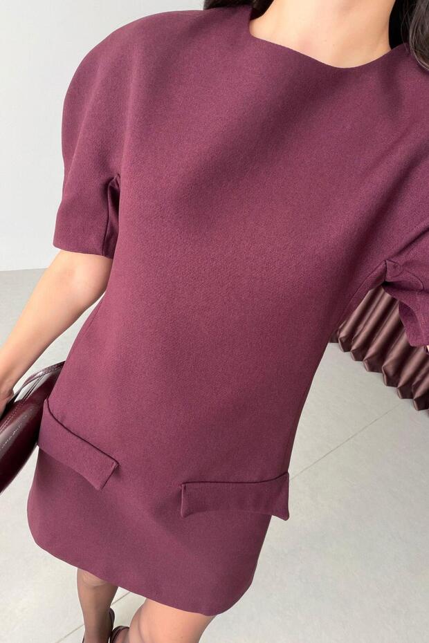 Folde Mürdüm Balon Kol Mini Elbise - 4