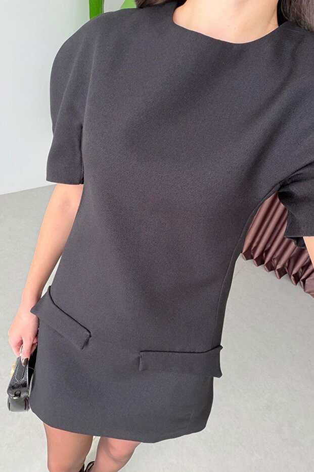 Folde Siyah Balon Kol Mini Elbise - 4