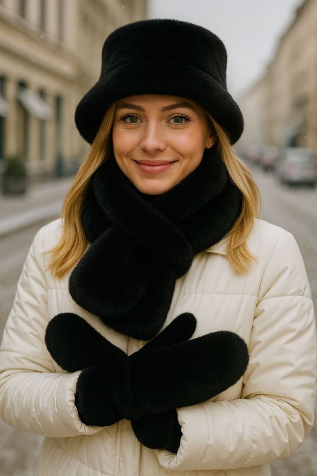 Black Soft Textured Plush (Hat+Neck Collar+Gloves) Set of 3