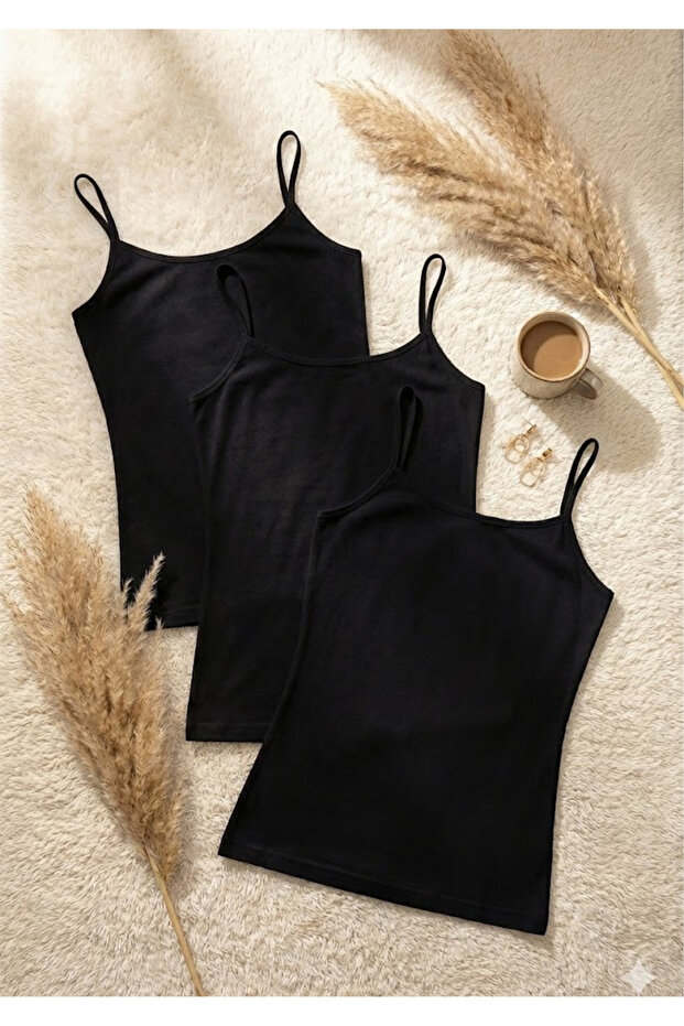 Women's 95% Cotton 3-Piece String Strap Tank Top - Anti-Sweat & Soft Textured Stretchy Fabric