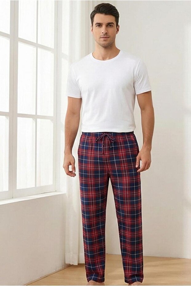 Men's 100% Cotton Interlock Pajama Pants Casual Home Wear Comfortable Plaid Sweatpants Single Bottom
