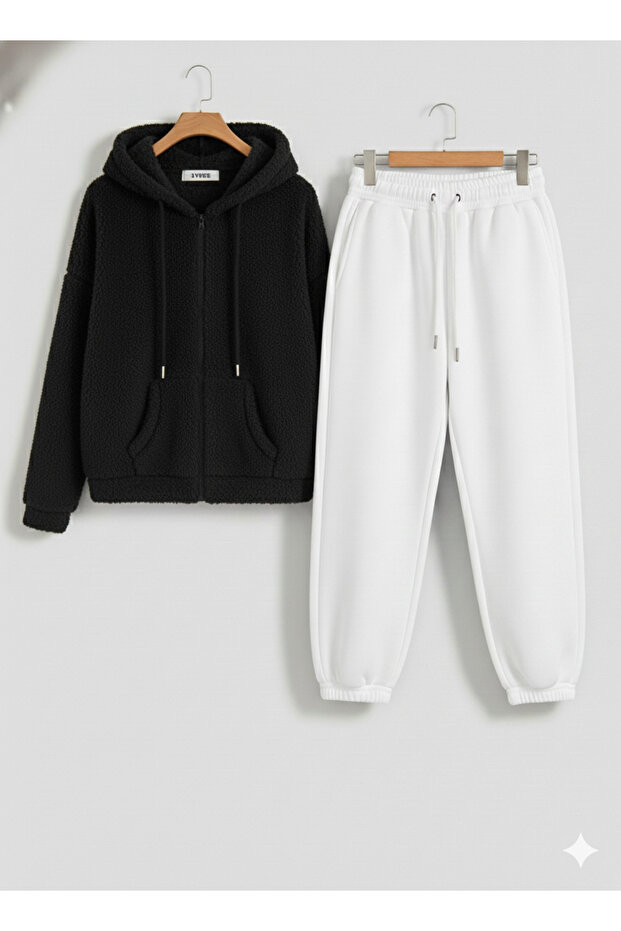 Unisex Oversized Full Zip Plush Tracksuit Set | Hooded Plush & Sweatpants