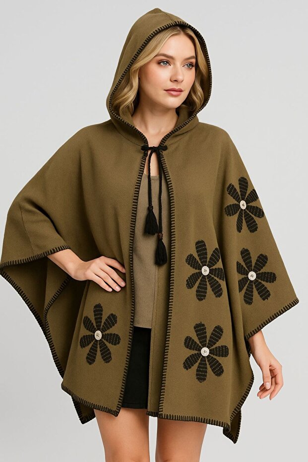 Kadın Kapüşonlu Şık Örme Triko Panço - 1