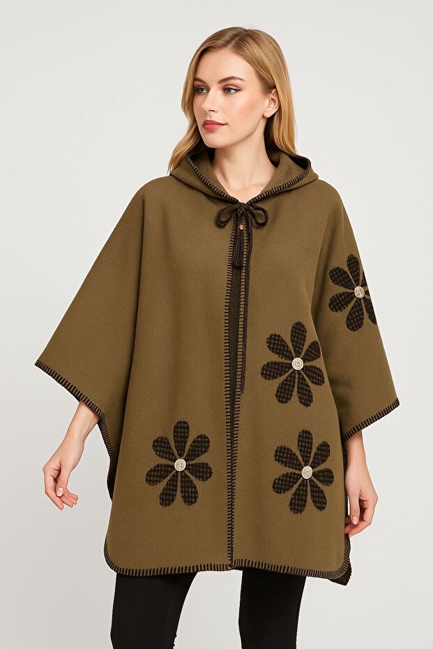 Kadın Kapüşonlu Şık Örme Triko Panço - 3