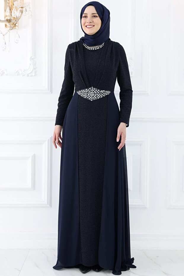 Navy Blue Long Chiffon Cape Stone Detail Hijab Evening Dress Abu39842