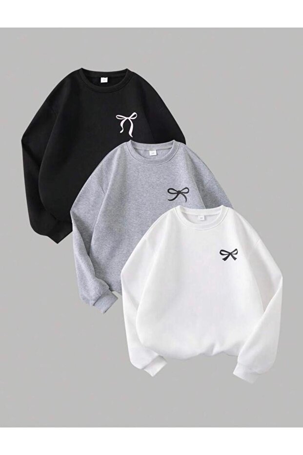 Girls' Circular Neck Mini Ribbon Printed Triple Sweatshirt