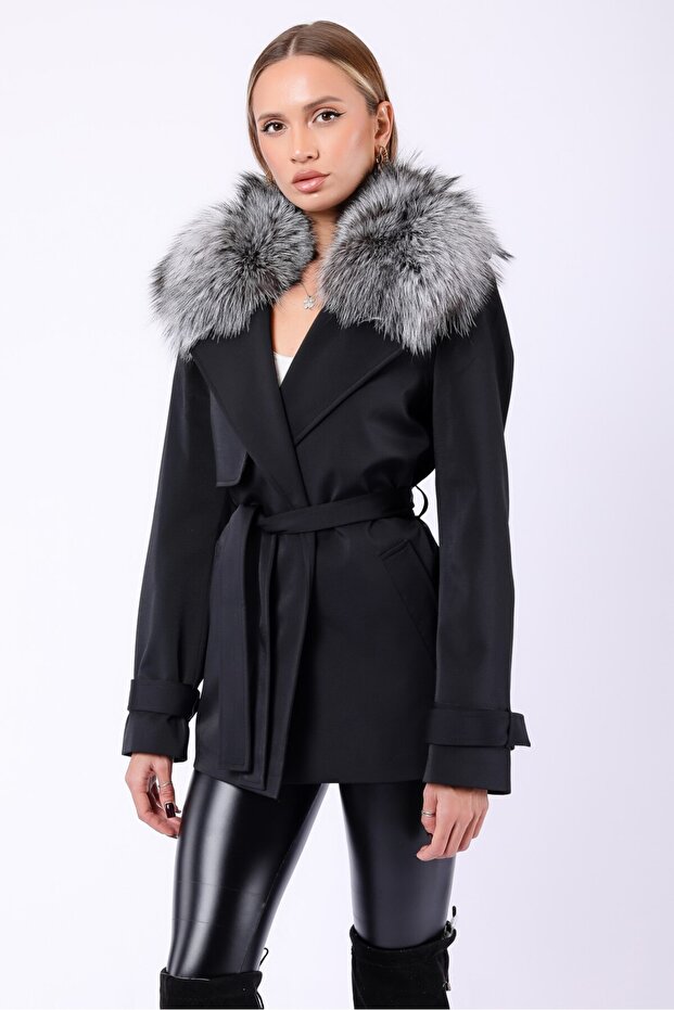 Black Genuine Fox Fur Accessory Fiber Trench Coat
