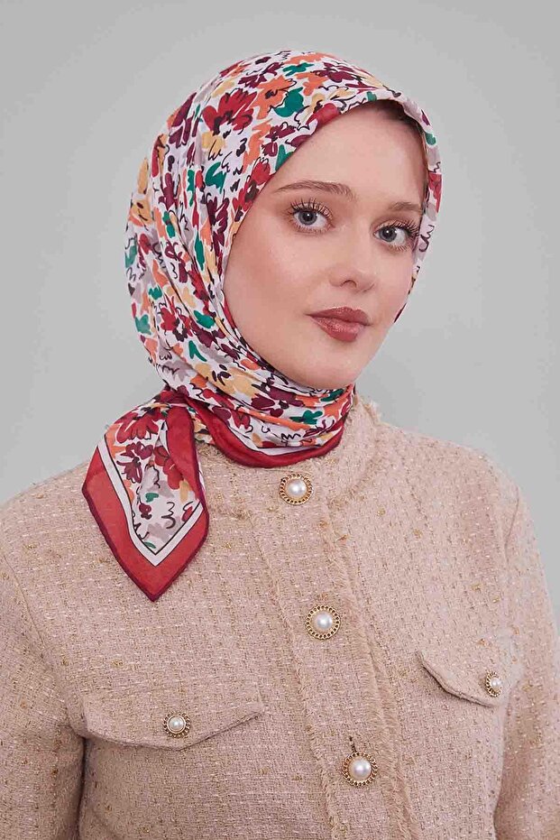 وشاح ناعم بنمط زهور مختلطة باللون الأحمر - 4