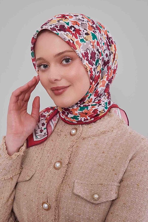 وشاح ناعم بنمط زهور مختلطة باللون الأحمر - 2