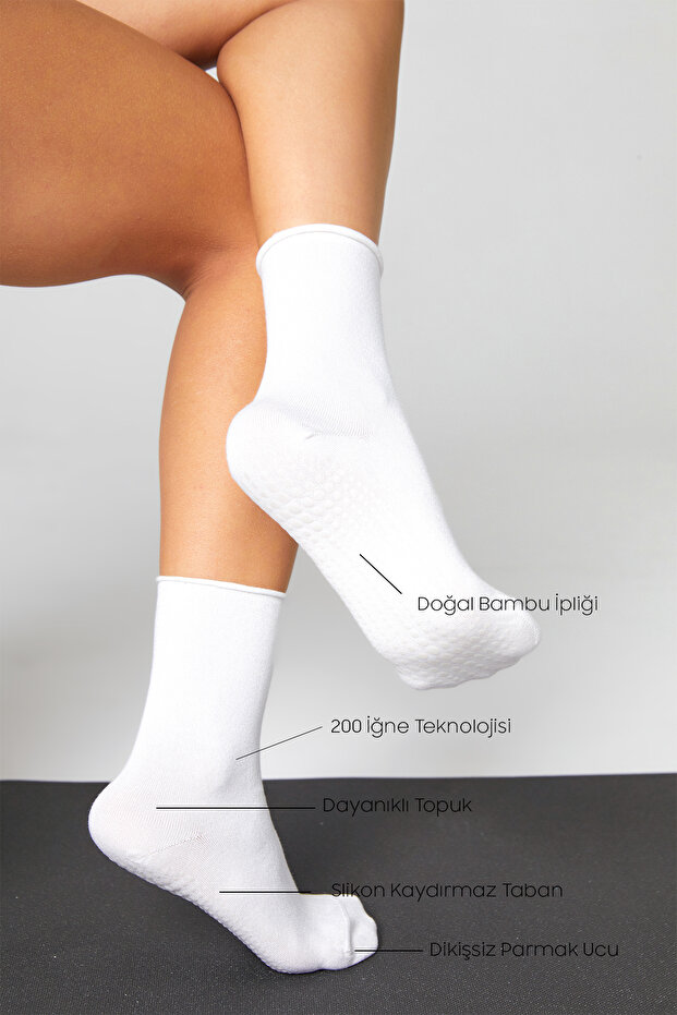 Bamboo Non-Slip Sole Silicone Hajj Umrah Tawaf Pregnant Pilates Yoga Elastic-Free White Socks