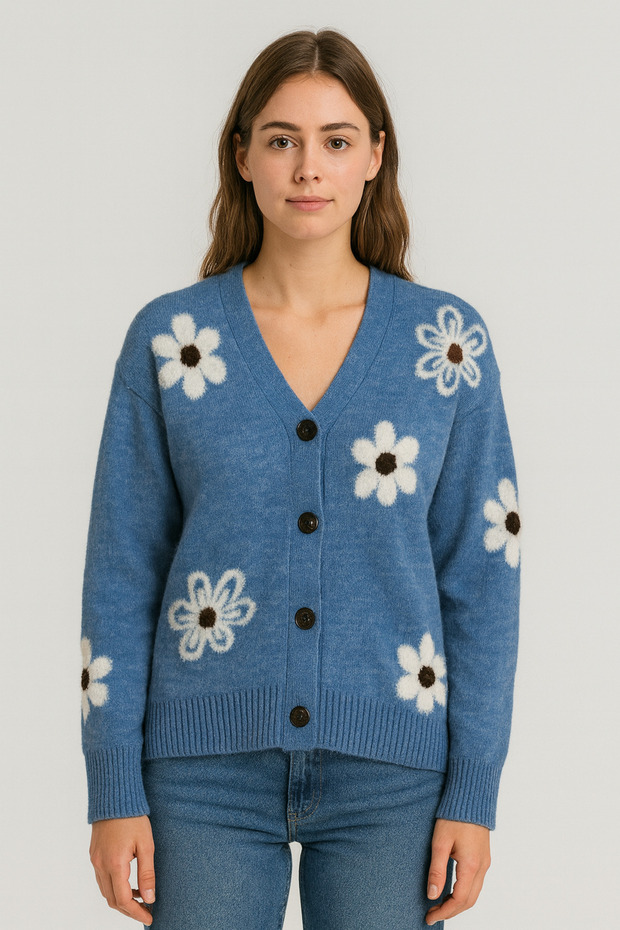 كارديجان فضفاض عادي بأزرار بنقشة ديزي - 1