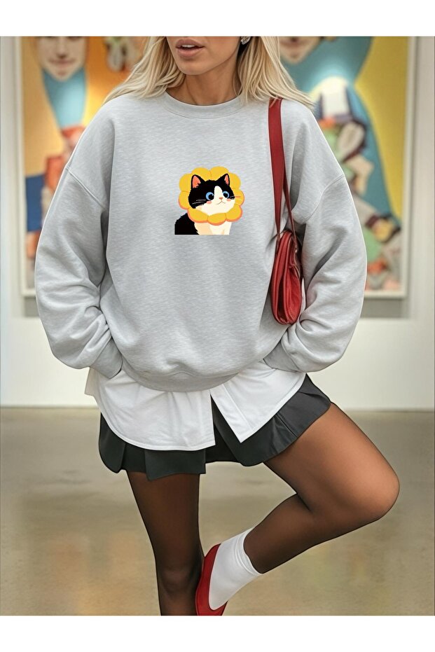 سويت شيرت بأكمام طويلة للجنسين من Transfer CUTE CAT Bas مطبوع siklet ذو ياقة