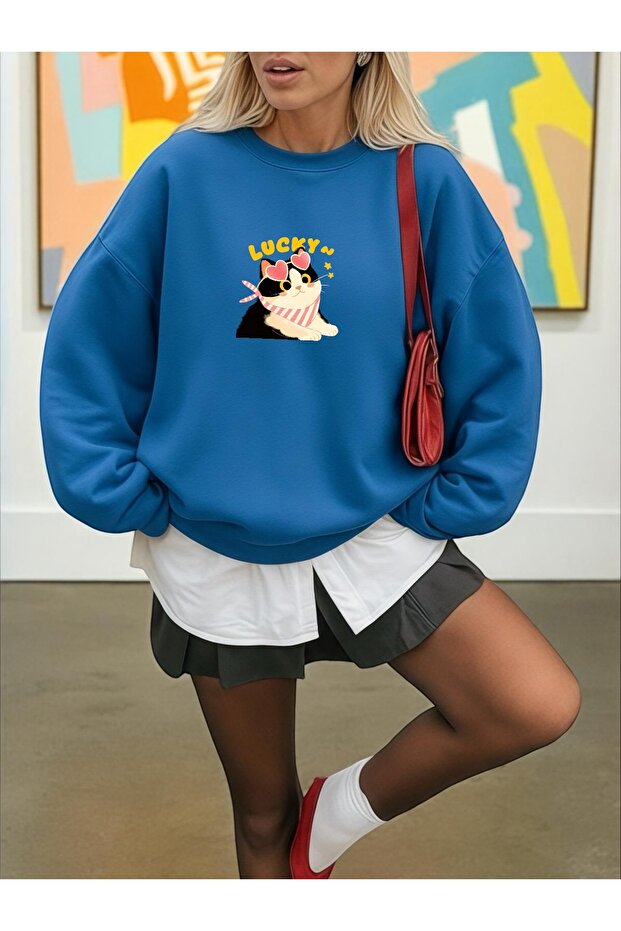 سويت شيرت بأكمام طويلة للجنسين من LUCKY CAT B مطبوع ذو ياقة دراجة
