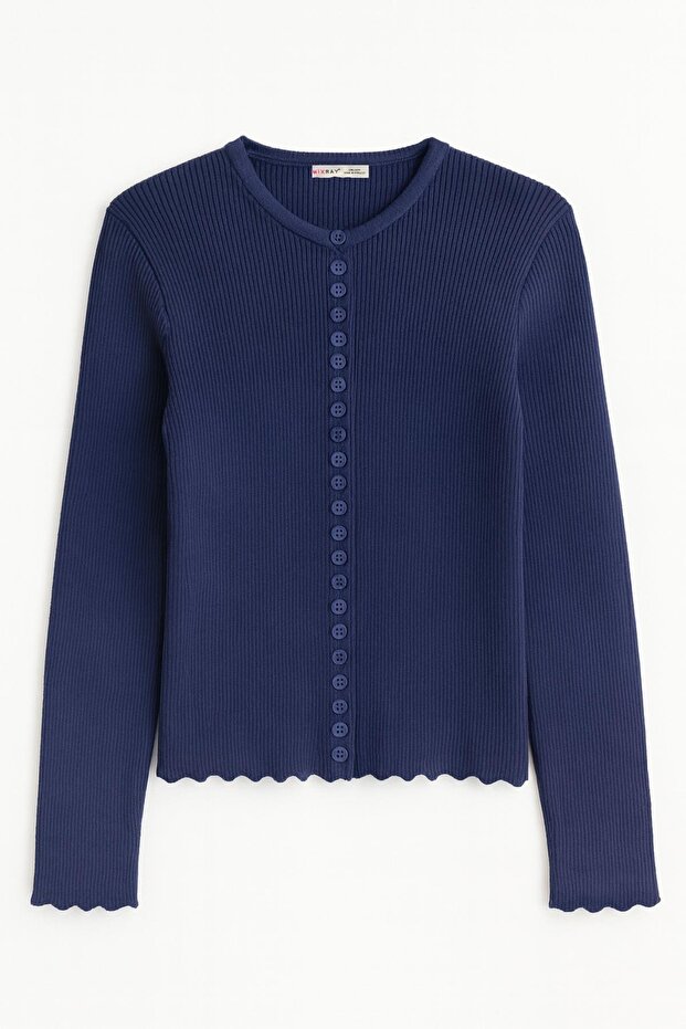 6972 Kadın Fitilli Basic Triko Hırka Lacivert - 5